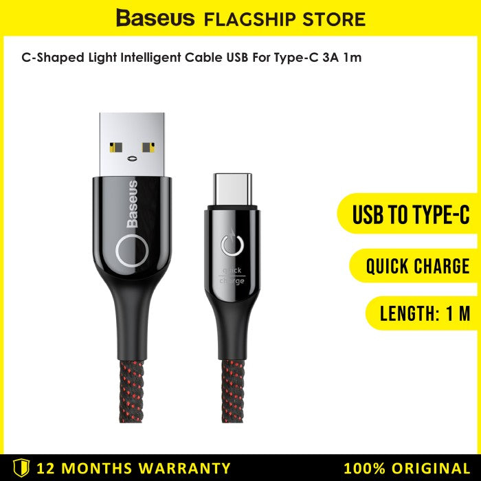 BASEUS C-shaped Light Intelligent Cable USB For Type-C 3A 1M - CATCD