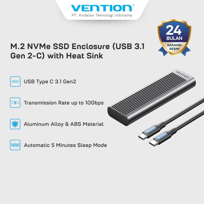 Vention Cassing M.2 NVMe SSD HDD Enclosure Bundling Kabel USB 3.1 Type C Gen 2 Heat Sink ABS Aluminum Alloy - KPK