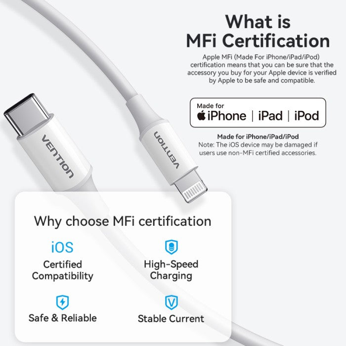 Vention Cable Data Charger USB C to Lightning MFI Fast Charging 3A - TAS