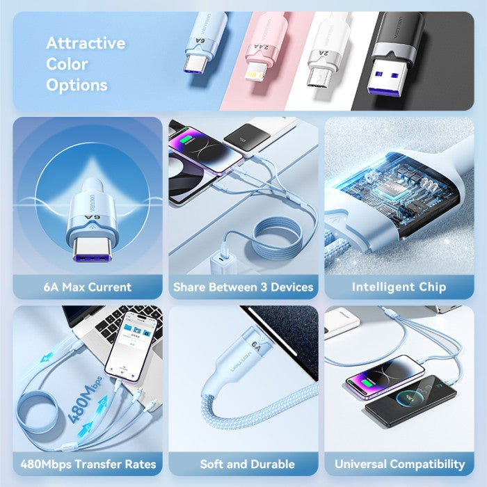 Vention Kabel Data Charger 3 in 1 USB A 2.0 to USB Type C/Micro/Lightning 2A 3A 6A 120W - CTR