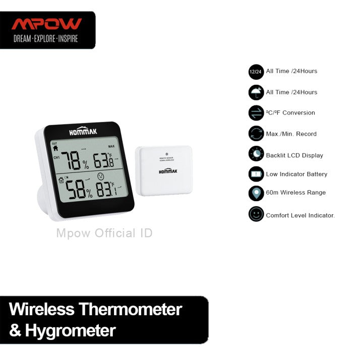 MPOW Hommak Wireless Indoor Outdoor Thermometer 3.5'' LCD - HKHM466