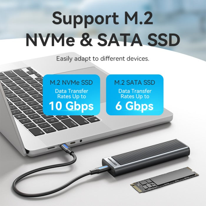 Vention Cassing M.2 NVMe SSD/SATA Enclosure Bundling Kabel USB 3.2 Type C Gen 2 Heat Sink ABS Aluminum Alloy - KPL