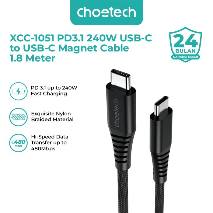 Choetech XCC-1051 Data Cable Charger Magnetic 240W USB Type C to C 1.8M Braided