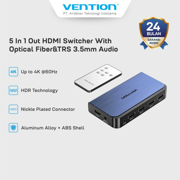 Vention HDMI 2.0 Switcher 5in 1 Out 3D 4K 60Hz HDR HDCP 2.2 with TRS 3.5mm  Audio Port Toslink - AKD
