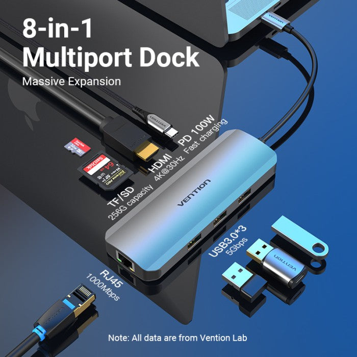 Vention Multi function Hub Adapter USB C to HDMI 8in 1 Docking Station - TOK