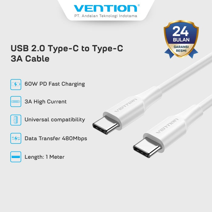Vention Kabel Charger USB Type C to C 3A 60W PD Fast Charging - TAX
