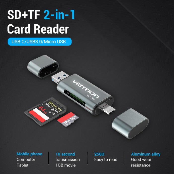 Vention Card Reader Multi function All in 1 USB 3.0 5Gbps Micro SD/TF/Type-C OTG Metal Premium - CCH