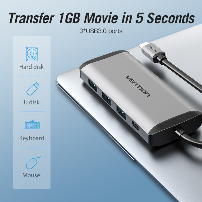 Vention USB Hub Type C To HDMI 3.0 RJ45/TF/SD/PD Multiport Converter - CND