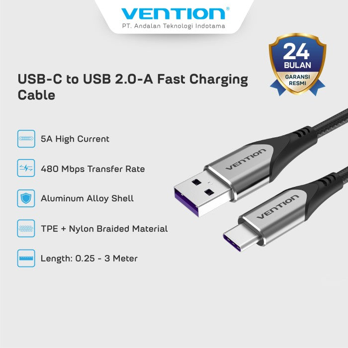 Vention Kabel Data USB Type C to USB 2.0 A Cotton Braided Cable 1M 2M Fast Charging - COF