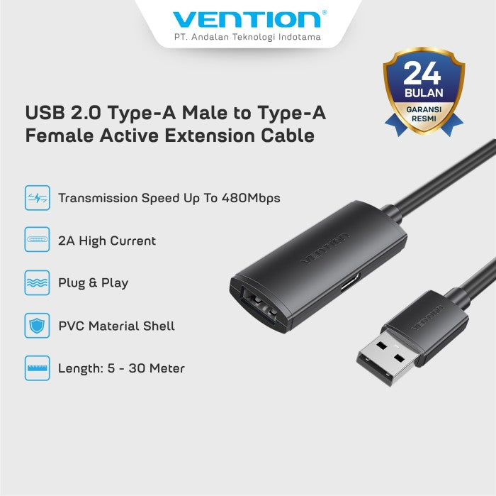 Vention Kabel Active Extension Cable USB A 2.0 Male to Female 480Mbps Type C Power Supply 2A 5M 10M - CBK