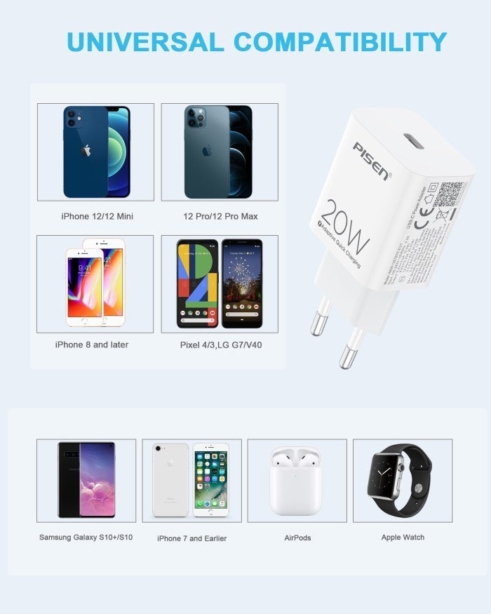 PISEN Wall Charger Adaptor Port USB C PD 20W - A829