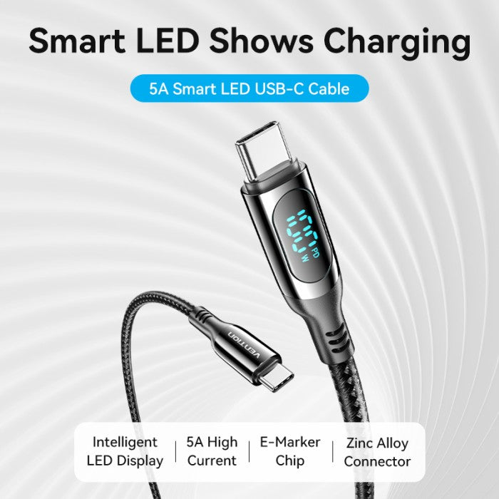 Vention Kabel USB Type C to C Male 5A 480 Mbps 100W Smart LED Display Cable Cotton Braided - TAY