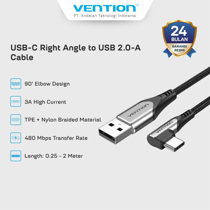 Vention Kabel Data USB Type C to USB 2.0 A Right Angle Cable 1M 2M Braided 3A Fast Charging - COE