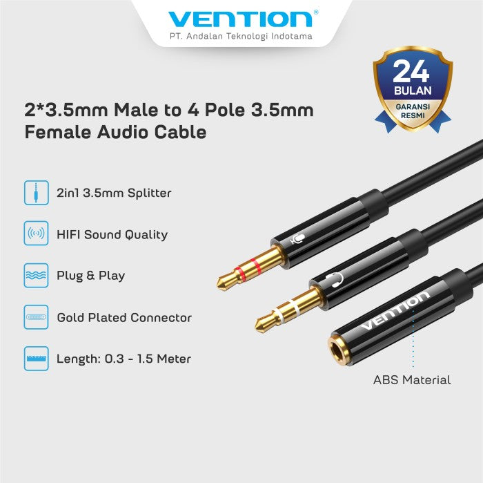 Vention Kabel Audio Splitter Cable Aux 3.5mm Female TRRS to 2 Male TRS Cable Audio/Mic - BBT
