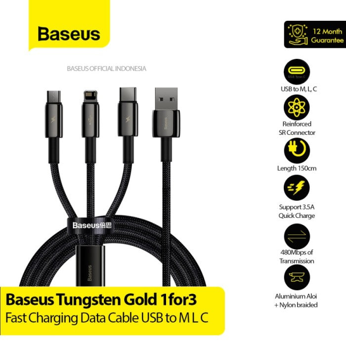 BASEUS Tungsten Gold 1for3 FastCharge USB to M L C 3.5A 1.5m CAMLTWJ