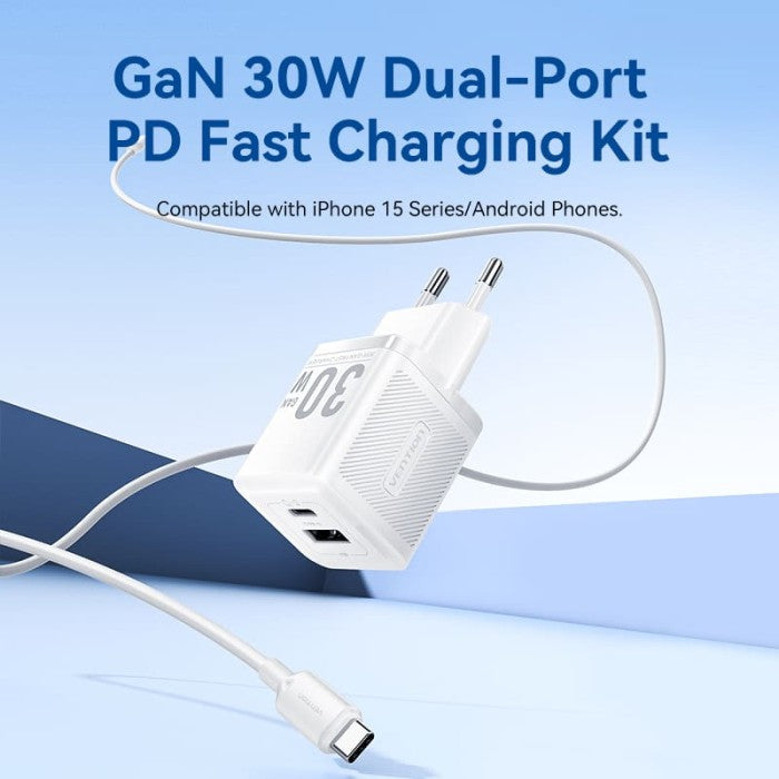 Vention Adapter Charger GaN 30W PD Dual Port USB C+A with Cable USB C to C - TZ - FEQ