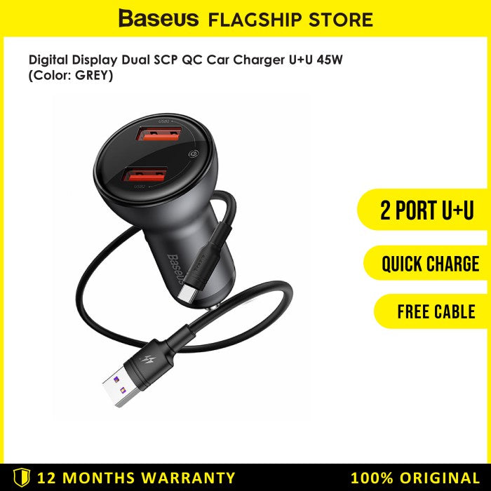 Baseus Digital Display Dual SCP QC Car Charger U+U 45W - TZCCBX-B