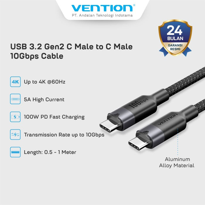 Vention Kabel Cable USB 3.2 Gen2 Type C Male to C Male 5A 10Gbps 4K 60Hz Aluminum Alloy - TRG