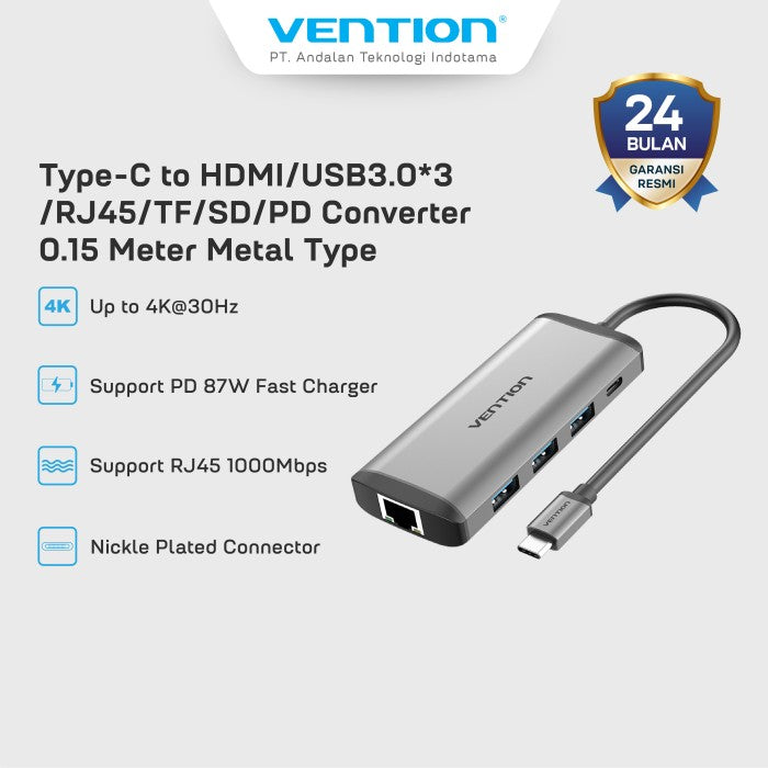 Vention USB Hub Type C To HDMI 3.0 RJ45/TF/SD/PD Multiport Converter - CND