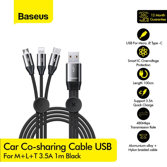 BASEUS Car Co-sharing Cable USB For M+L+T 3.5A 1m CAMLT-FX