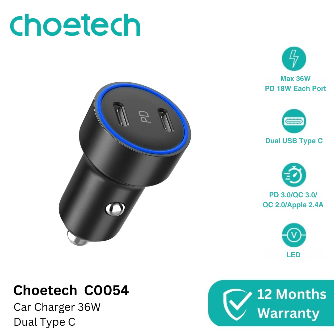 Choetech 36W Dual Type-C Car Charger C0054