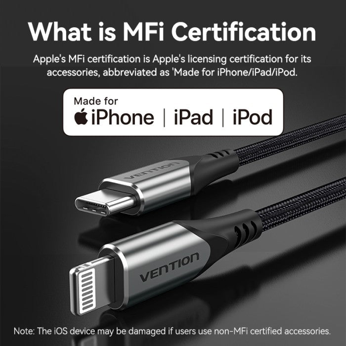 Vention Kabel Charger USB C to Lightning 3A Fast Charging Support PD MFI - TAP