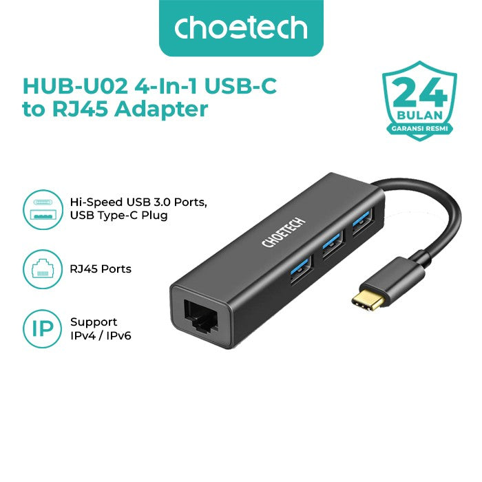 Choetech HUB-U02 HUB Adapter Multiport 4 in 1 USB Type C to RJ45 + 3U