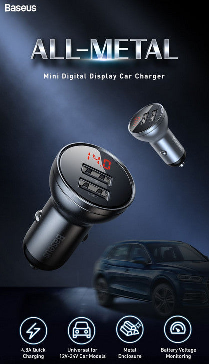 Baseus Digital Display Dual USB 4.8A Car Charger 24W+3in1 USB - TZCCBX