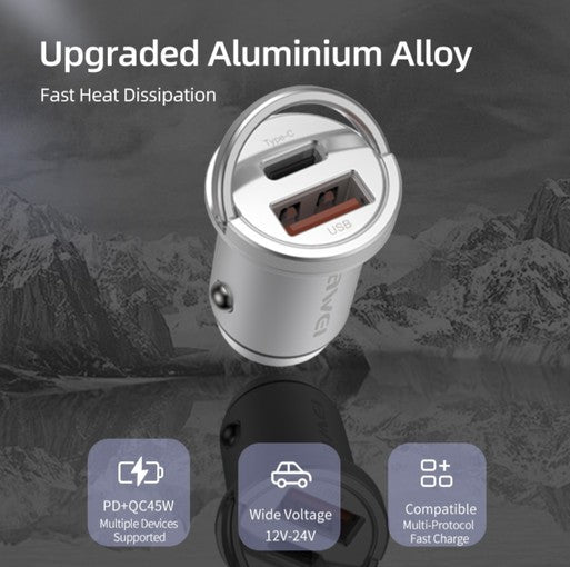 AWEI Car Charger Dual Port USB A+C 45W C-708