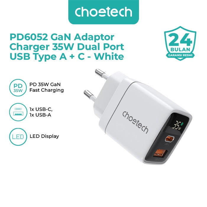 Choetech PD6052 GaN Adaptor Charger 35W Dual Port USB Type A & C