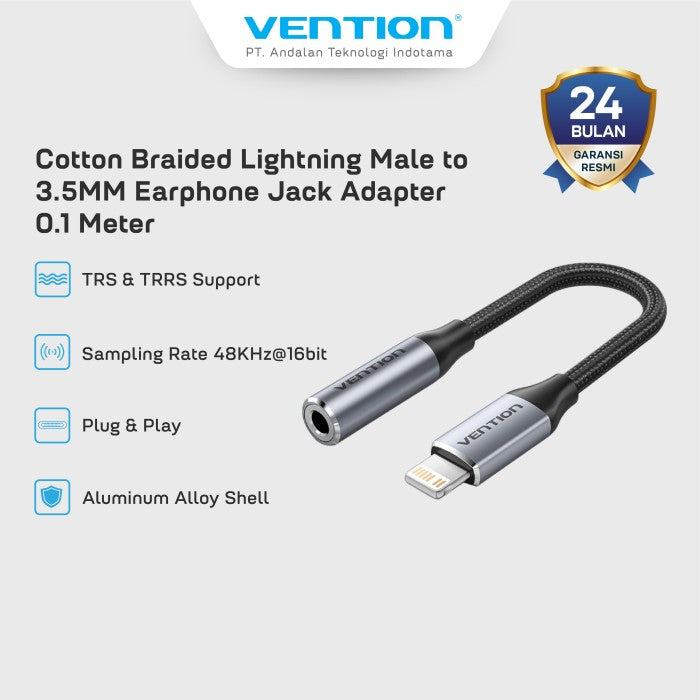 Vention Converter Lightning Male to Earphone Jack Audio 3.5mm Aux Female Audio Adapter iPhone - BMB