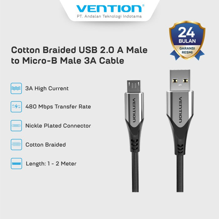 Vention Kabel Data USB A to Micro 3A Fast Charging Aluminium Alloy 1M 2M - COA