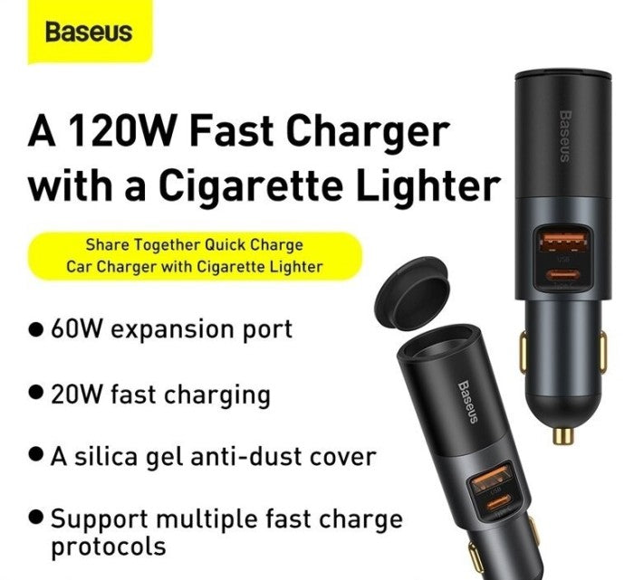 BASEUS Car Charger Fast Charging 120W U+U with Cigarette Lighter CCBT