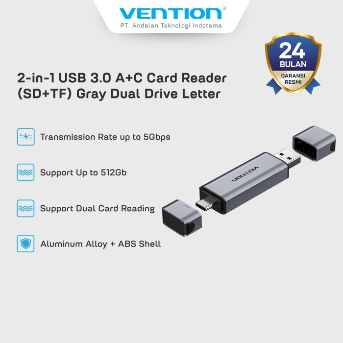 Vention Card Reader 2in1 USB 3.0 A+C SD TF Dual Drive Letter - CLL