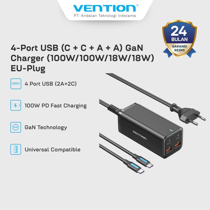 Vention Adaptor Gan Charger 4 Port (2C+2A) EU 100W PD Fast Charging - FBS