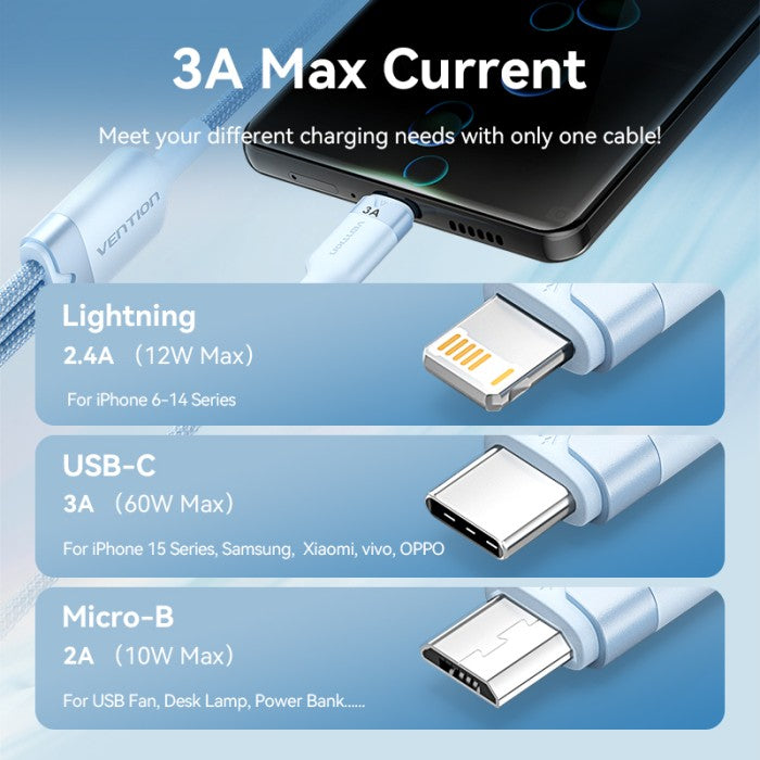 Vention Kabel Data Charger Cable 3in 1 USB A 2.0 to USB Type C/Micro/Lightning 3A 60W 480 Mbps - CTP