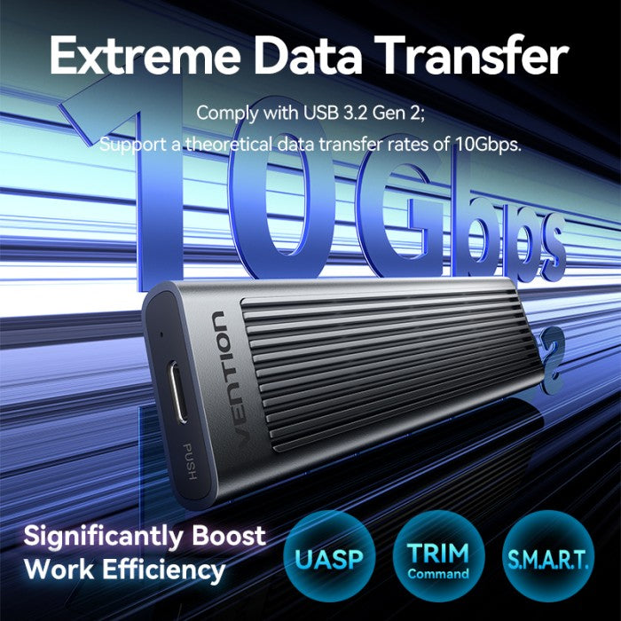Vention Cassing M.2 NVMe SSD/SATA Enclosure Bundling Kabel USB 3.2 Type C Gen 2 Heat Sink ABS Aluminum Alloy - KPL